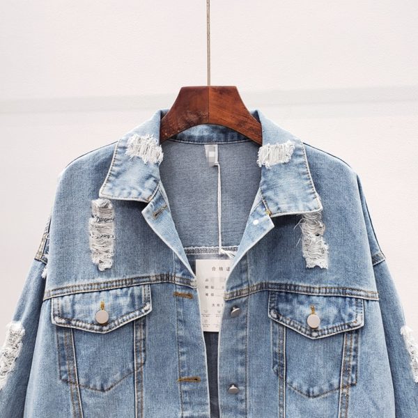 Streetwear Style Print Women's Denim Jacket Coat Diamonds Hole BF Jeans Outwear Female Spring Autumn Casual Loose Cowboy Outwear - Image 2