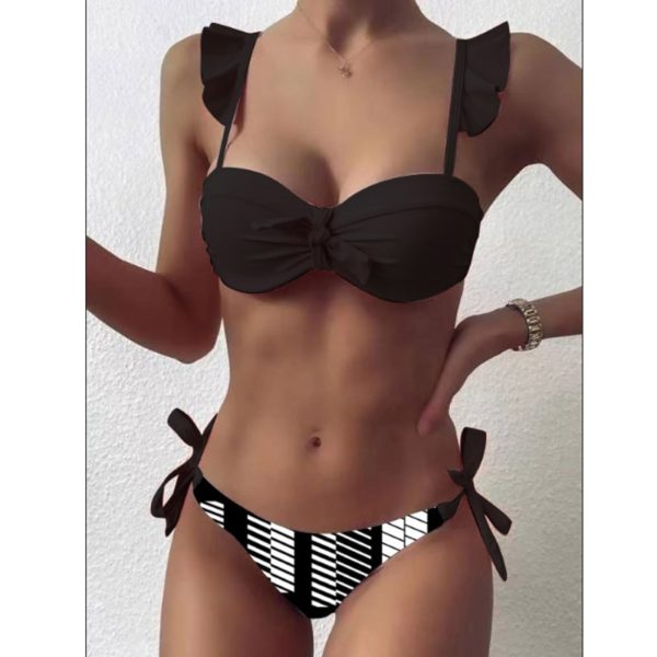 Striped Lace Ruffle Push Up Women Bandeau Swimsuit Female Swimwear Bra Cup Bikini set High Cut 1