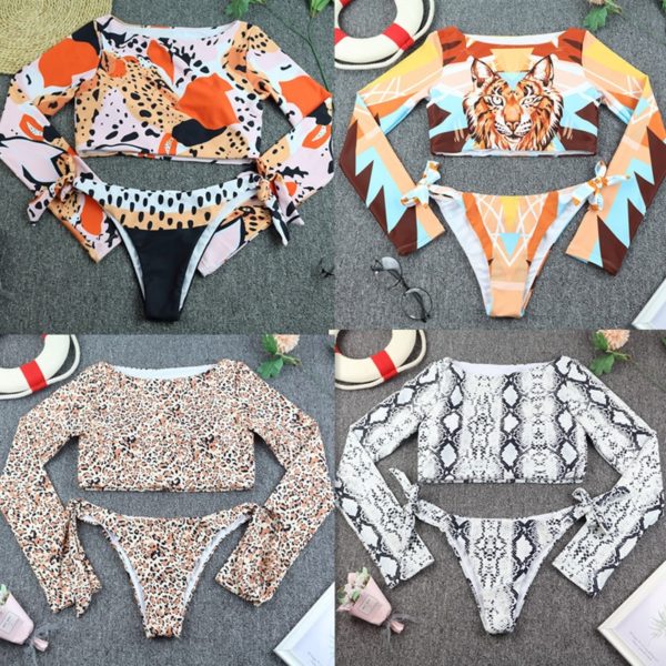 Surfing Swimsuit For Women Bikini Long Sleeve Swimwear Tiger Print Push Up Summer Bath Suit Two Piece Bandeau Biquini - Image 3