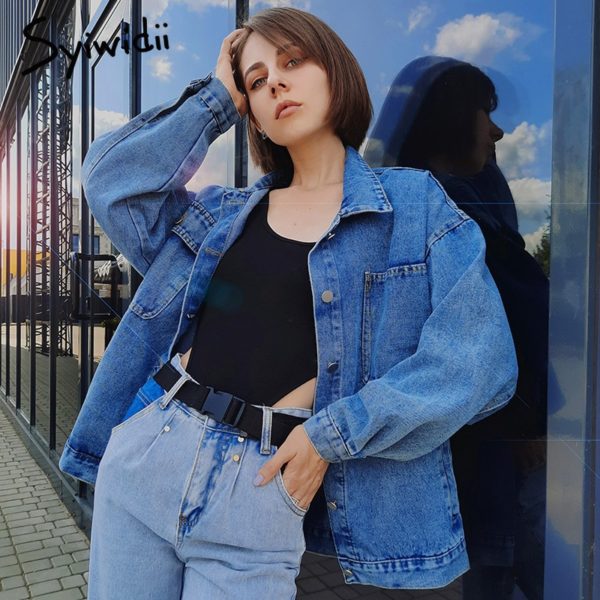 Syiwidii Blue Jean Denim Jacket Women Oversized Coat Fall Winter Casual Designer Big Pocket Single Breasted Outwear Tops - Image 2