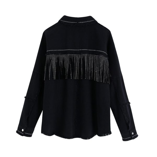 Women Stylish Tassel Beaded Oversized Denim Jacket Coat Vintage Fashion Long Sleeve Frayed Trim Outerwear Chic Loose Tops - Image 2