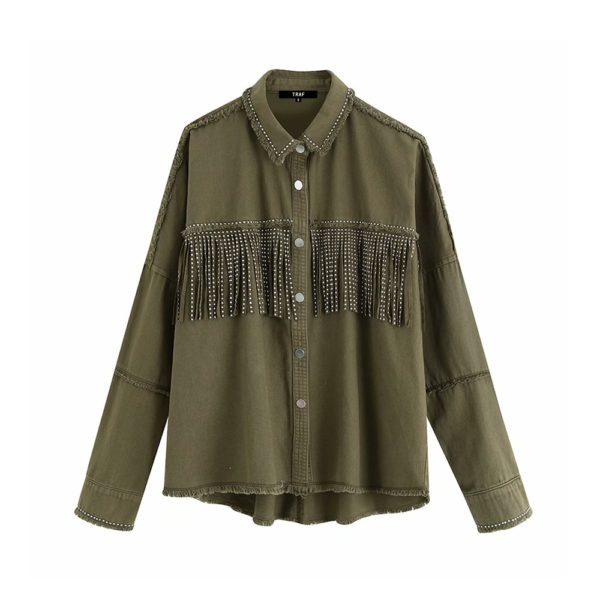 Women Stylish Tassel Beaded Oversized Denim Jacket Coat Vintage Fashion Long Sleeve Frayed Trim Outerwear Chic Loose Tops - Image 3