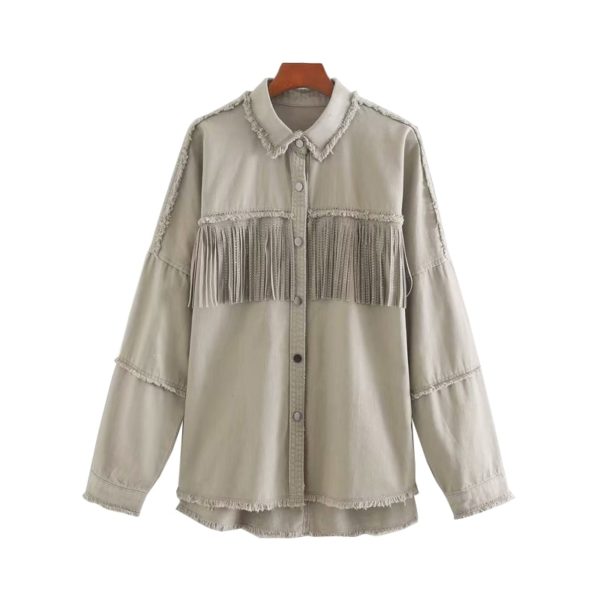 TRAF Women Stylish Tassel Beaded Oversized Denim Jacket Coat Vintage Fashion Long Sleeve Frayed Trim Outerwear 4