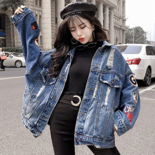 Harajuku Jeans Jacket Woman Fashion Wild Street Style Chic Letter Embroidery Women's Denim Jacket Oversize Coat - Image 2