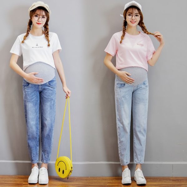 Vintgae Washed Denim Maternity Jeans for Pregnant Women Elastic Waist Belly Loose Pants Pregnancy Gravidas Clothing - Image 2