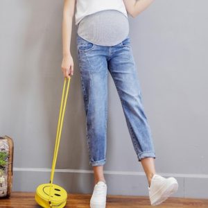 Vintgae Washed Denim Maternity Jeans for Pregnant Women Elastic Waist Belly Loose Pants Pregnancy Gravidas Clothing