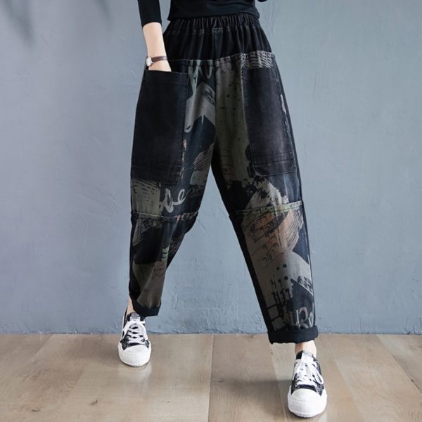 Winter Autumn Fashion Women Elastic Waist Vintage Patchwork Printing Harem Jeans Office Lady Baggy Casual Loose Denim Pant - Image 2