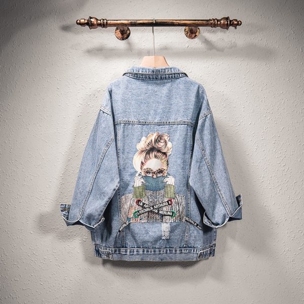Women Denim Jacket Fashion Streetwear Letter Stylish 2021 Chic Printed Ripped Holes Jean Patchwork BF Style 1