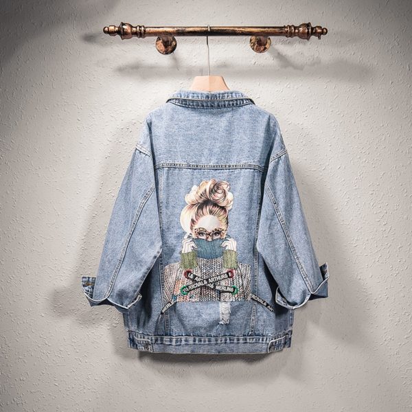 Women Denim Jacket Fashion Streetwear Letter Stylish Chic Printed Ripped Holes Jean Patchwork BF Style Jeans Female Coat - Image 2