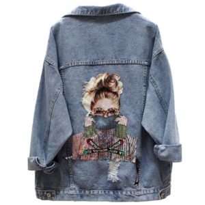 Women Denim Jacket Fashion Streetwear Letter Stylish Chic Printed Ripped Holes Jean Patchwork BF Style Jeans Female Coat