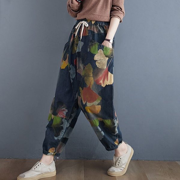 Women High Waist Jeans Streetwear Vintage Floral Print Loose Female Casual Denim Harem Pants S1845 - Image 2