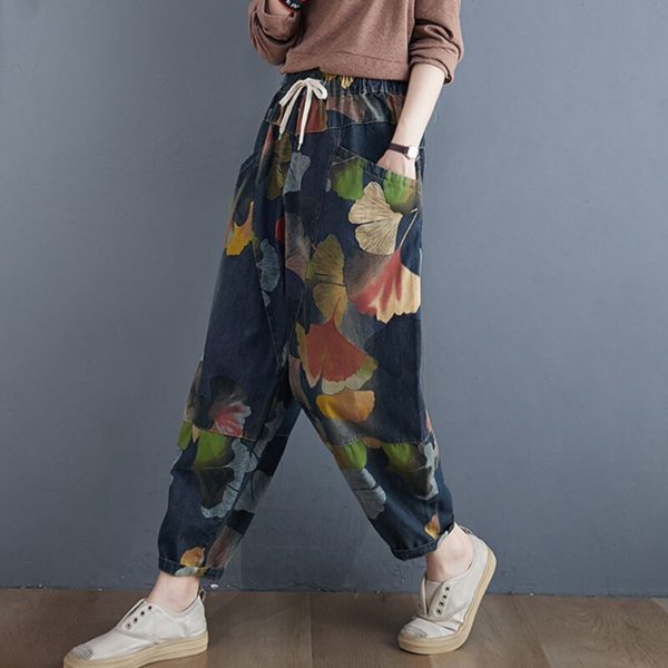 Women High Waist Jeans New Arrival 2020 Autumn Streetwear Vintage Floral Print Loose Female Casual Denim 1