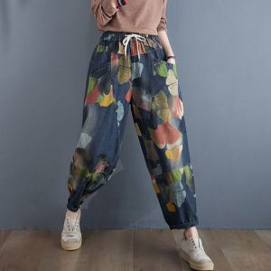 Women High Waist Jeans Streetwear Vintage Floral Print Loose Female Casual Denim Harem Pants S1845