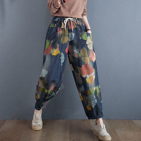 Women High Waist Jeans Streetwear Vintage Floral Print Loose Female Casual Denim Harem Pants S1845