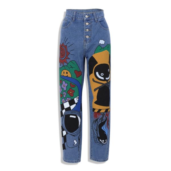 Women’s Cartoon Printed Jeans Atumn Winter Girls Harem Pant Trousers Single Breasted Pants Denim Female Hight Waist Denim Jean - Image 2