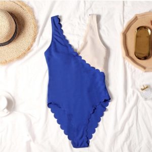 Scalloped Splicing High Cut One Piece Swimsuit Women Swimwear Female Ribbed Bather Bathing Suit Swim Lady V2425