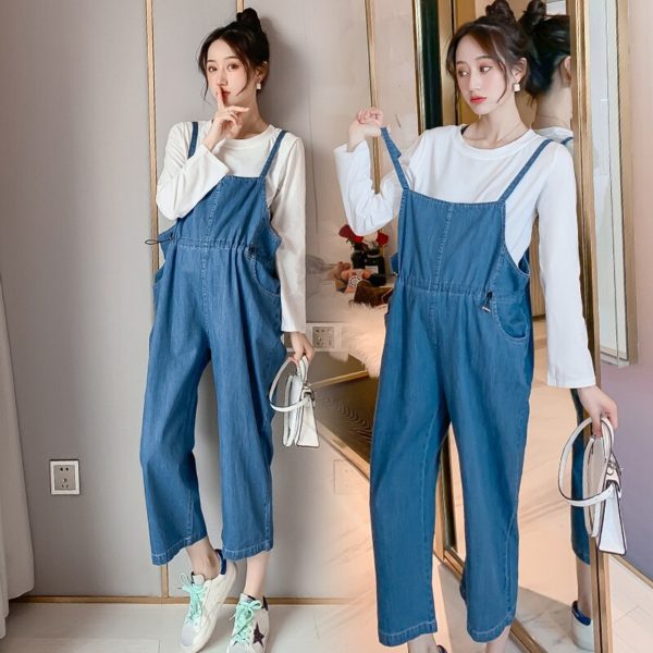 1919 2021 Spring Summer Denim Maternity Bib Jeans Adjustable Wide Leg Loose Overalls Pants Clothes for 1