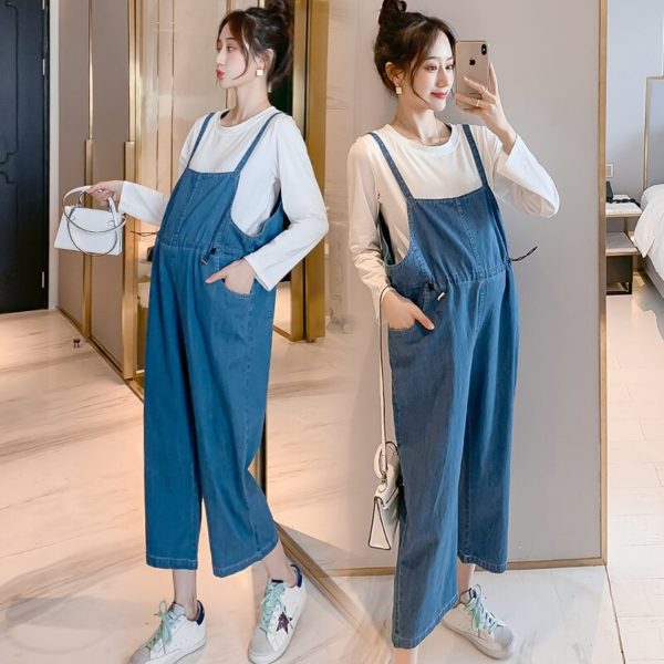 1919 2021 Spring Summer Denim Maternity Bib Jeans Adjustable Wide Leg Loose Overalls Pants Clothes for