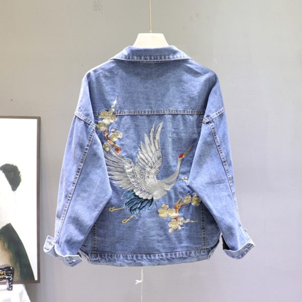 2021 Spring Loose Fit Denim Jacket Handsome Boyfriend Wind Heavy Embroidery Small Crane Fashionable Black Jacket 2