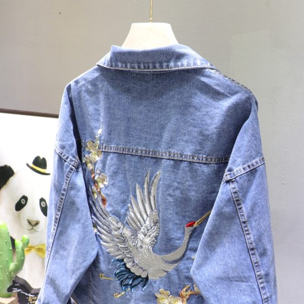 2021 Spring Loose Fit Denim Jacket Handsome Boyfriend Wind Heavy Embroidery Small Crane Fashionable Black Jacket 3