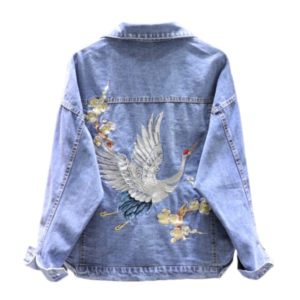 2021 Spring Loose Fit Denim Jacket Handsome Boyfriend Wind Heavy Embroidery Small Crane Fashionable Black Jacket 4