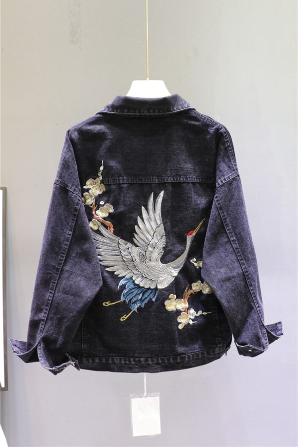 2021 Spring Loose Fit Denim Jacket Handsome Boyfriend Wind Heavy Embroidery Small Crane Fashionable Black Jacket 5
