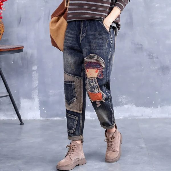 2021Spring Autumn New Women Embroidery Retro Jeans High Waist Nine Points cowboy trousers Large Size Denim 1