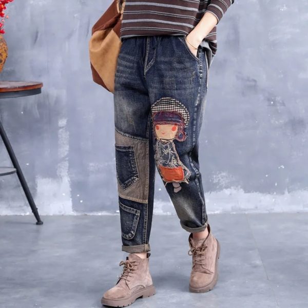 Spring Autumn New Women Embroidery Retro Jeans High Waist Nine Points cowboy trousers Large Size Denim Harlan Pants Femme126 - Image 2