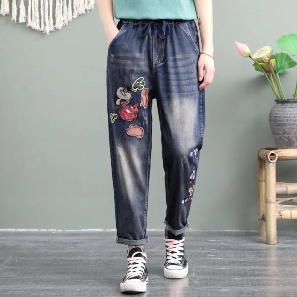 2021Spring Autumn New Women Embroidery Retro Jeans High Waist Nine Points cowboy trousers Large Size Denim 2