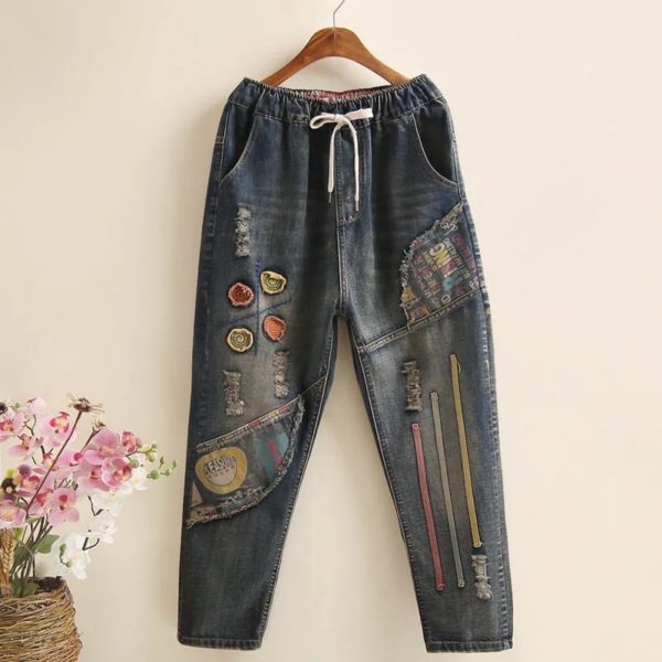 2021Spring Autumn New Women Embroidery Retro Jeans High Waist Nine Points cowboy trousers Large Size Denim 3