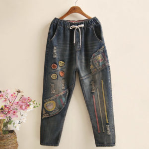 Spring Autumn New Women Embroidery Retro Jeans High Waist Nine Points cowboy trousers Large Size Denim Harlan Pants Femme126