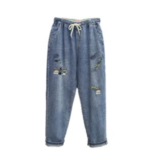 Women Fashion Korea Style Cartoon Cat Embroidery Baggy Elastic Waist High Waist Denim Cropped Pants Female Harem Jeans