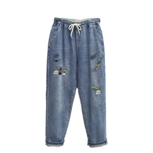 Women Fashion Korea Style Cartoon Cat Embroidery Baggy Elastic Waist High Waist Denim Cropped Pants Female Harem Jeans
