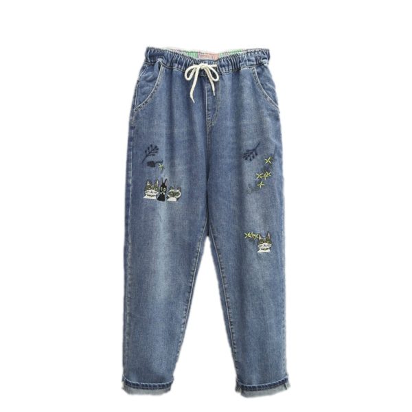 8265 Women Fashion Korea Style Cartoon Cat Embroidery Baggy Elastic Waist High Waist Denim Cropped Pants 5