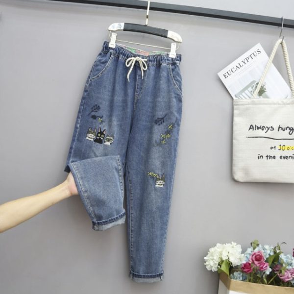 8265 Women Fashion Korea Style Cartoon Cat Embroidery Baggy Elastic Waist High Waist Denim Cropped