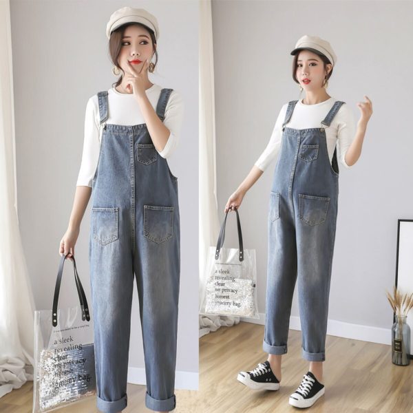 9801 Vintage Washed Denim Maternity Bib Jeans Large Size Loose Jumpsuits Clothes for Pregnant Women Pregnancy 1