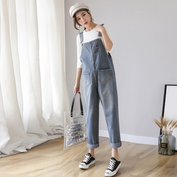 9801 Vintage Washed Denim Maternity Bib Jeans Large Size Loose Jumpsuits Clothes for Pregnant Women Pregnancy 2