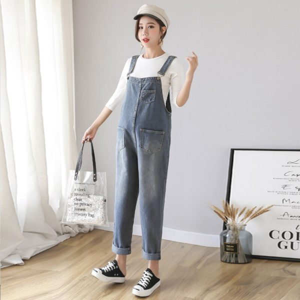 9801 Vintage Washed Denim Maternity Bib Jeans Large Size Loose Jumpsuits Clothes for Pregnant Women Pregnancy 3