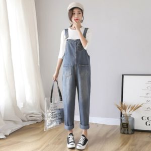 Vintage Washed Denim Maternity Bib Jeans Large Size Loose Jumpsuits Clothes for Pregnant Women Pregnancy Overalls Pants