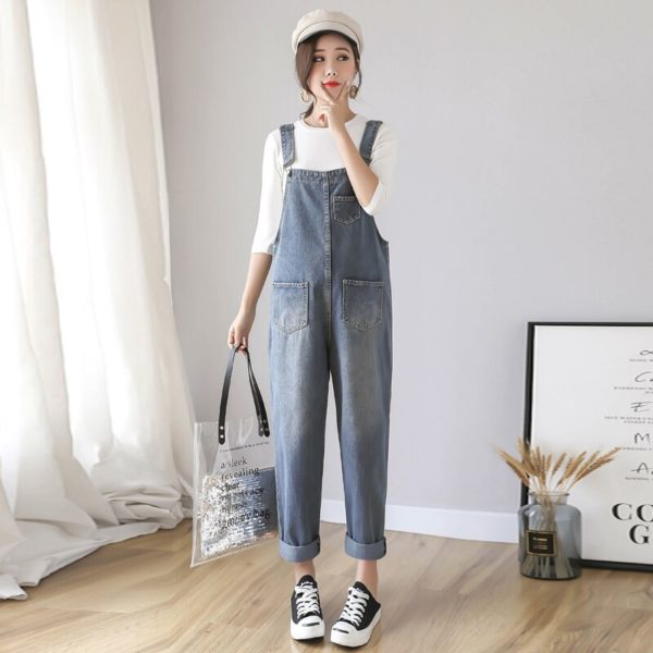 9801 Vintage Washed Denim Maternity Bib Jeans Large Size Loose Jumpsuits Clothes for Pregnant Women Pregnancy