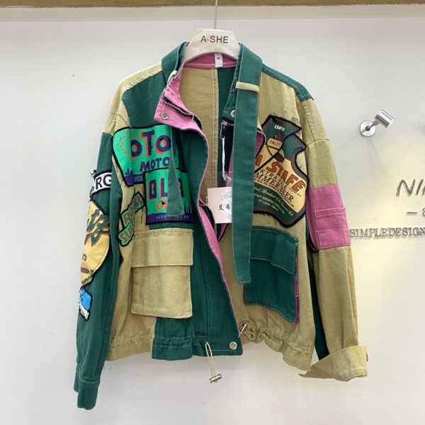 Jeans Jacket Women Letter Print Fashion Patchwork Pocket Short Denim Jackets Streetwear Loose Zipper Jeans Coat Female - Image 3