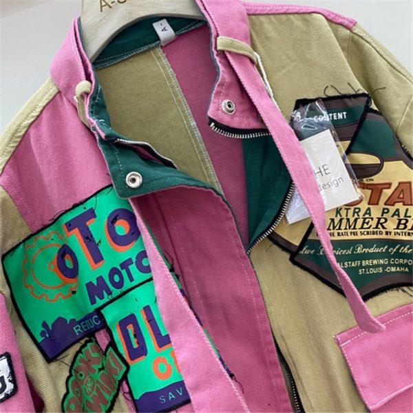 Jeans Jacket Women Letter Print Fashion Patchwork Pocket Short Denim Jackets Streetwear Loose Zipper Jeans Coat Female - Image 4