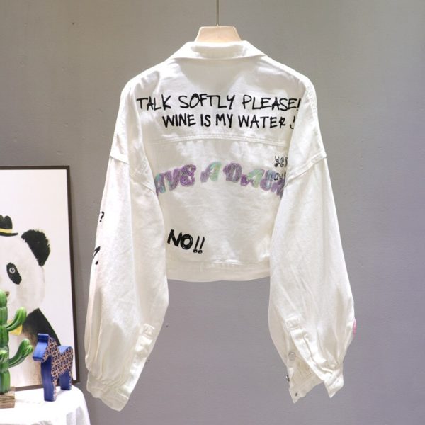Jeans Jacket Women Cartoon bear Sequins Fashion White Denim Jacket Loose Short Coat Female Letter Print Casual Jeans Coat - Image 3