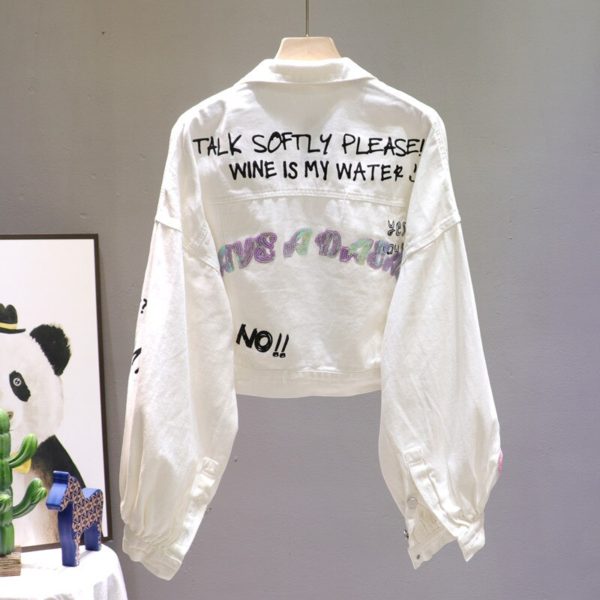 Jeans Jacket Women Cartoon bear Sequins Fashion White Denim Jacket Loose Short Coat Female Letter Print 1