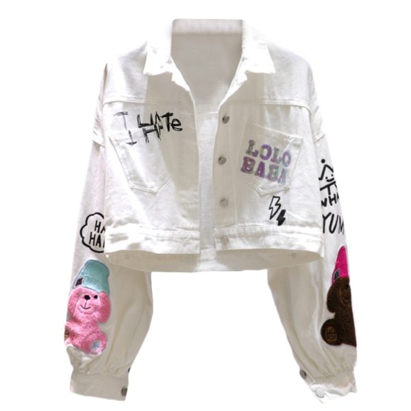 Jeans Jacket Women Cartoon bear Sequins Fashion White Denim Jacket Loose Short Coat Female Letter Print Casual Jeans Coat