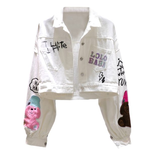 Jeans Jacket Women Cartoon bear Sequins Fashion White Denim Jacket Loose Short Coat Female Letter Print 2