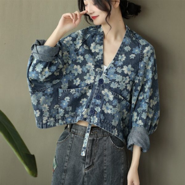 Streetwear Women Flowers Printed Denim Jackets Ladies Batwing Sleeve Short Coats Girls Vintage Clothing - Image 2