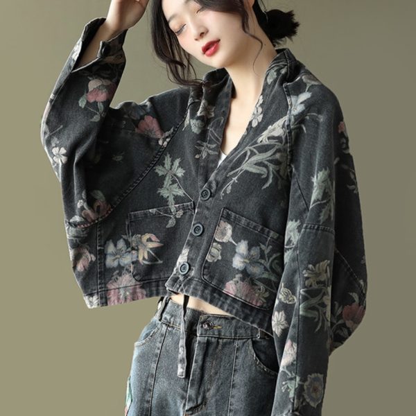 Streetwear Women Flowers Printed Denim Jackets Ladies Batwing Sleeve Short Coats Girls Vintage Clothing - Image 3