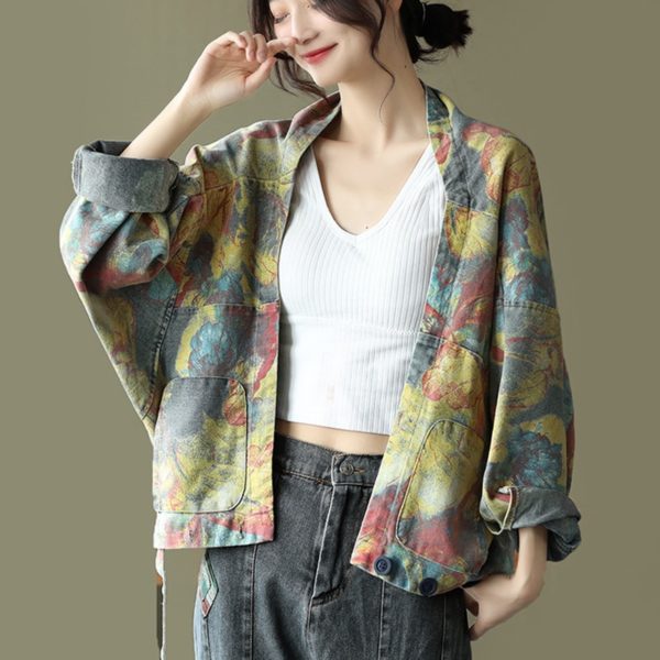 Streetwear Women Flowers Printed Denim Jackets Ladies Batwing Sleeve Short Coats Girls Vintage Clothing - Image 4