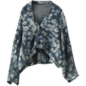 Streetwear Women Flowers Printed Denim Jackets Ladies Batwing Sleeve Short Coats Girls Vintage Clothing
